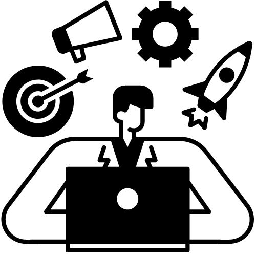 image of a black and white icon showing business man behind laptop with icons of tools around his head