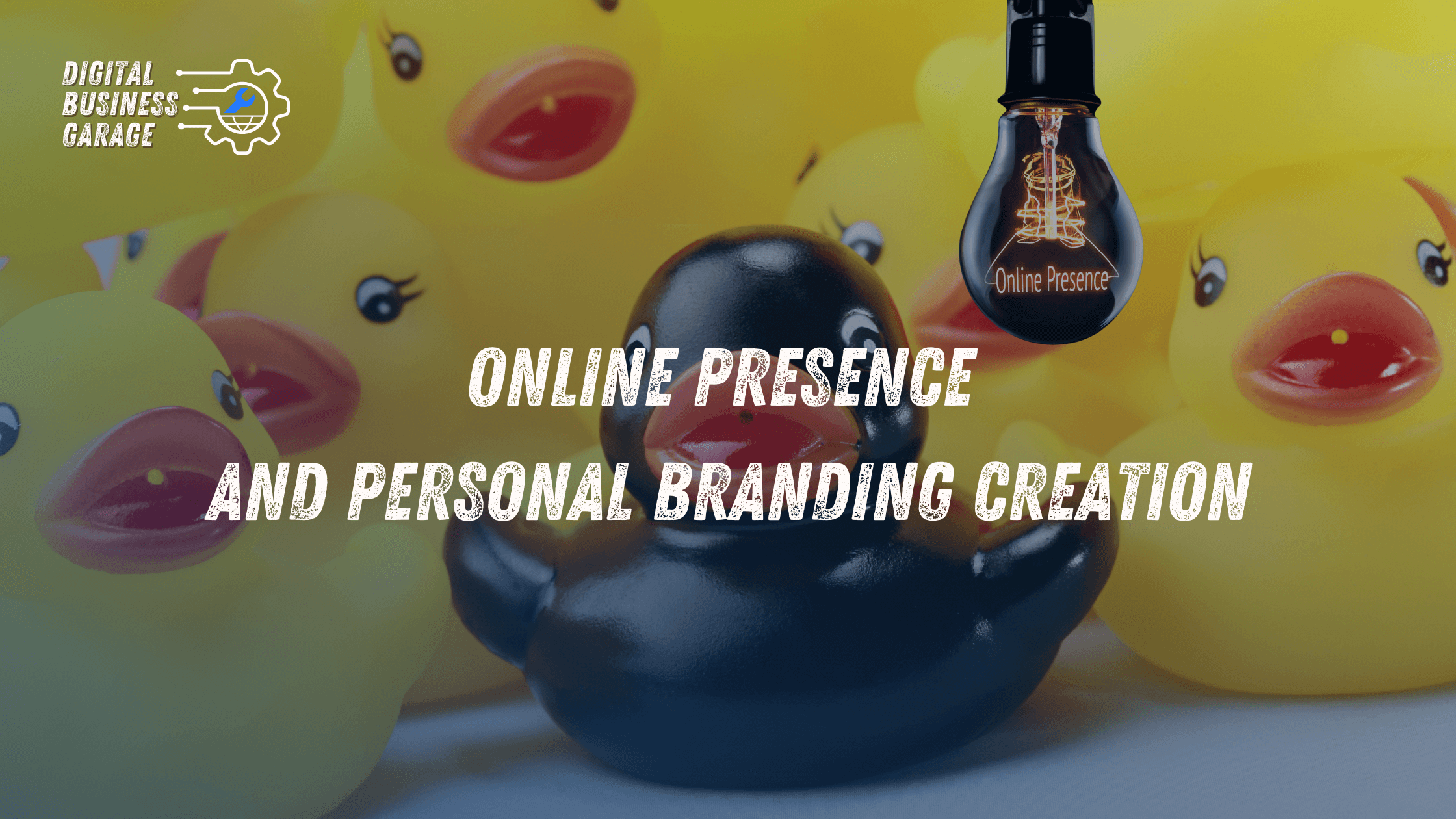 image of black rubber duck between yellow ones with light bulb above saying online visibility